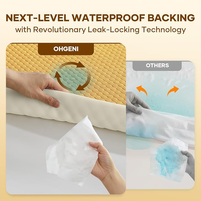 OhGeni 100% Waterproof Mattress Protector,Queen Size Mattress Soft Pad,Pet Hair & Bedwetting Resistant,Cooling Breathable Fitted Sheets,Washable Bed Cover Over 99 pcs Hex Filled Bumps,Yellow
