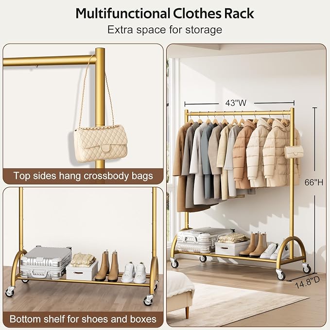 MISSLO Heavy Duty Clothing Rack with Wheels Rolling Clothes Racks for Hanging Clothes, Coats, Garment, Dress, Gold (Pack of 2)