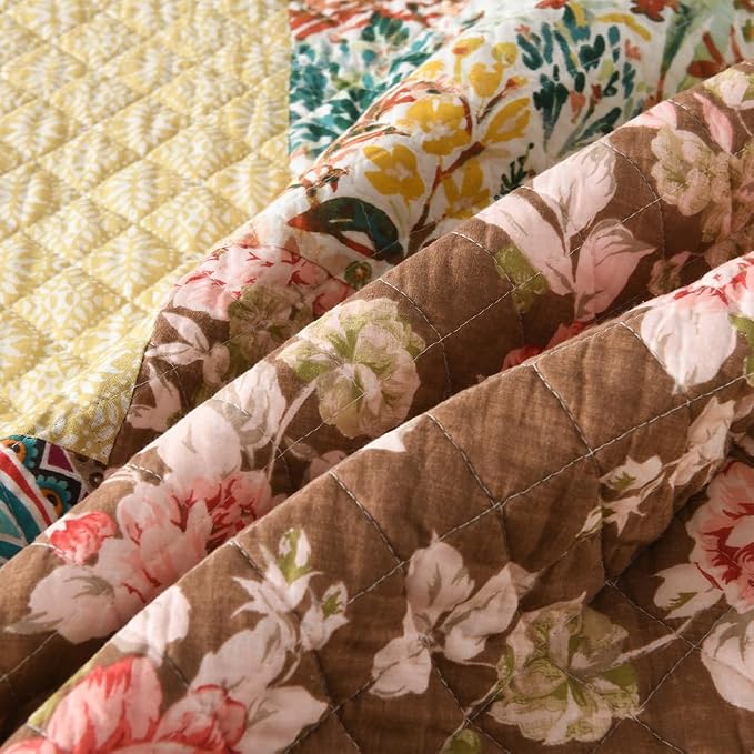 ENASAL Cotton Bedspread Quilt Sets Reversible Bedding Coverlet Sets Luxury Vintage Rustic Gorgeous Paisley Floral Yellow Real Patchwork Bedspread, King Size