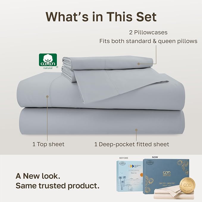 California Design Den Softest 100% Cotton Sateen Full Size Sheets Set | 500 Thread Count Backed by Good Housekeeping Seal, 16" Deep Pocket, All-Around Elastic, Durable, Easy Care - Mineral Grey