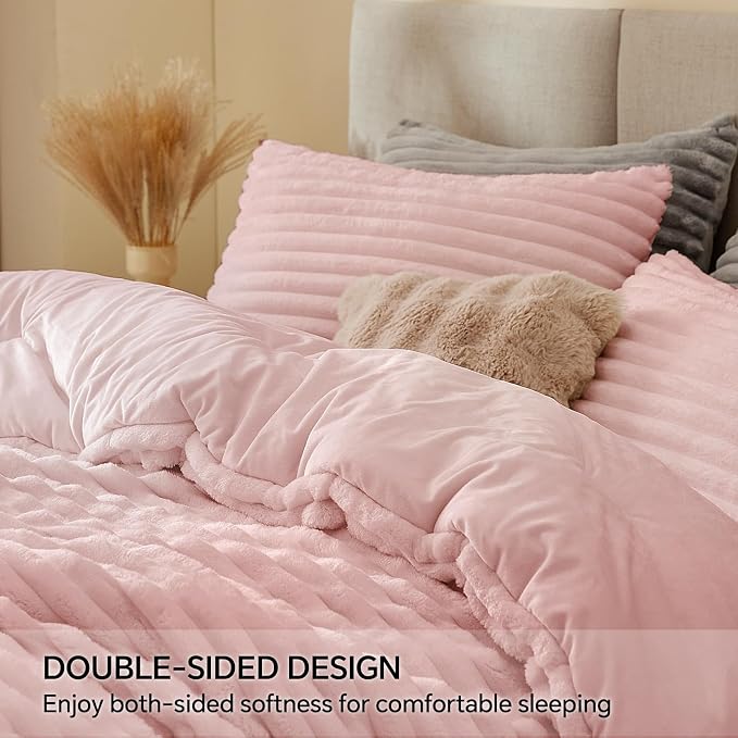 BEDELITE Fleece California King Comforter Set, Fluffy Bed Set, Pink | Super Soft & Warm Bedding, Luxury Fuzzy Faux Fur Comforter for Winter, Heavy Plush Bedding, with 2 Pillowcases