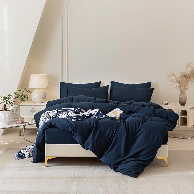 BDEAR 3Pcs Navy Blue Pinstriped Duvet Cover Set Queen Size 90''Wx90''L | Light Weight Design, 1 Duvet Cover with 2 Pillowcases, Zipper Closure, OEKO TEX Standard,8 Corner Ties, Skin Friendly