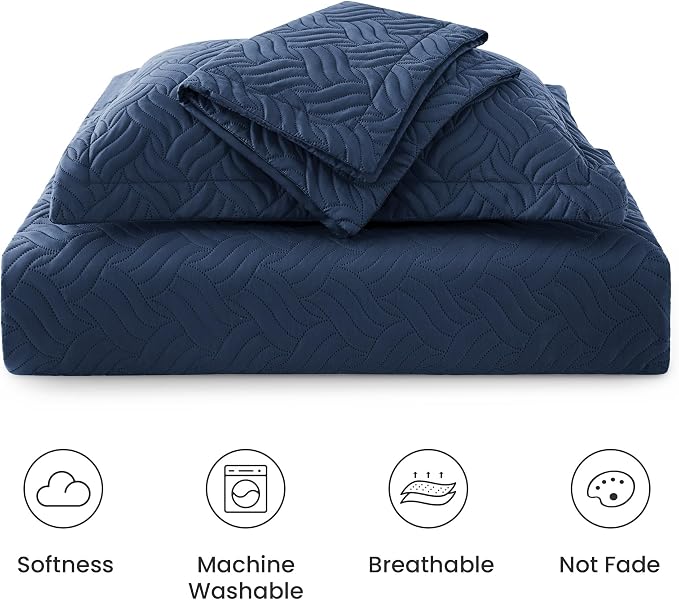 Love's cabin Quilts for Queen Bed Navy Blue Bedspreads - Soft Bed Summer Lightweight Bedspread Comforter - Modern Style Wave Pattern Coverlet for All Season - 3 Pieces (1 Quilt, 2 Pillow Shams)