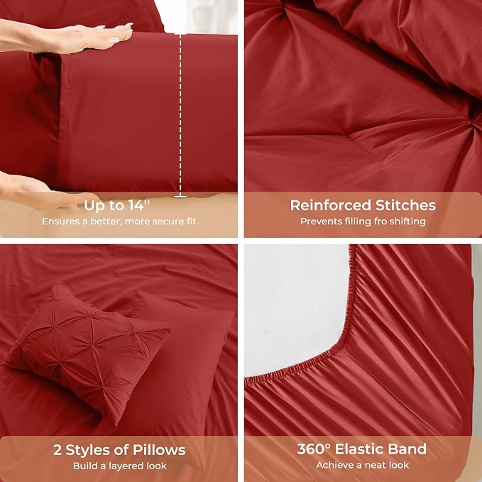 Sasttie Queen Comforter Set, 7-Piece Bed in a Bag, Pintuck Bedding Sets for All Season, Includes Comforter, Flat Sheet, Fitted Sheet, Pillowcases and Pillowshams, Red