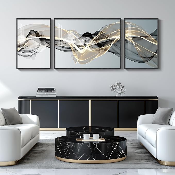 Extra Large Framed Modern Luxury Abstract Wall Art for Living Room, Set of 3 Minimalist Black White Gold Abstract Paintings Artwork for Walls, Big Art Prints Pictures for Hallway Dining Room Office Wall Decor