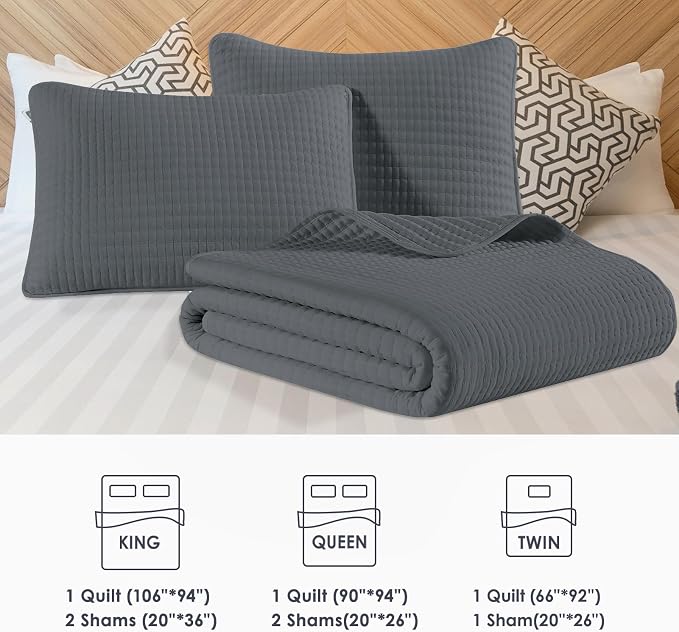 King Size Quilt-Lightweight Bedspreads Grey King Quilt Bedding Set | Soft Coverlet with 2 Pillow Shams for All Seasons, Suitable for Bed, Couch, 3 Pieces, 106"x94"