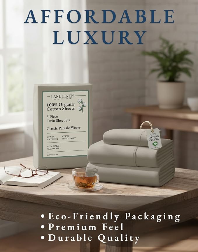 Lane Linen Twin Sheet Set 100% Organic Cotton Cooling Soft 3pc - Silver