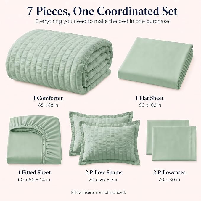 Queen Comforter Set, 7 Pieces Sage Green Seersucker Bed in a Bag | OEKO-TEX Certified, All Season Bedding Set with 240 GSM Down Alternative Comforter, Flat & Fitted Sheets, Pillowcases & Shams