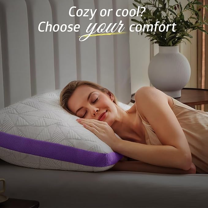 BETU Cooling King Size Pillows Set of 2, Shredded Memory Foam Cool Pillows for Hot Sleepers, Adjustable Firm Soft Support Bed Pillow Perfect for Back Neck Pain and Side Sleeping with Cover, Purple