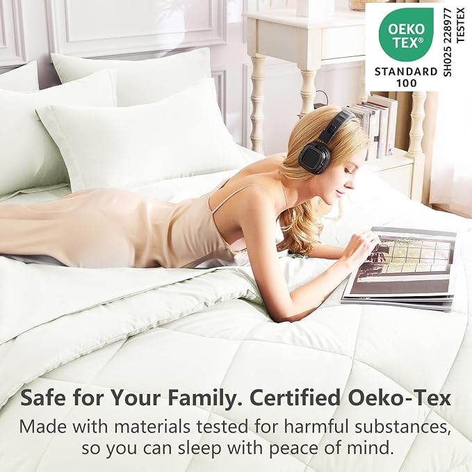 Queen Comforter Set with Sheets Ivory - 7 Pieces Bed in a Bag | OEKO-TEX Certified, All Season, 240GSM Down-Alternative Comforter, Sheets, Pillowcases & Shams, 14" Deep Pocket, Easy Care