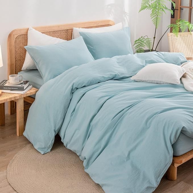 BESTOUCH Cotton Solid Duvet Cover Set Linen Feel Hushed Green Alaska King | 100% Washed Cotton, Soft Wrinkle Texture, Hidden Zipper, 8 Ties, Breathable Lightweight Durable Comfy, 3 Pcs No Insert