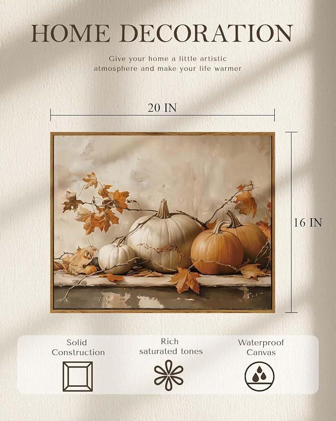 WHASAYART Vintage Pumpkin Thanksgiving Wall Art 16x20 Framed Canvas Print with Fall Leaves, Rustic Autumn Season Painting, Cozy Harvest Dining Room Kitchen Farmhouse Decor