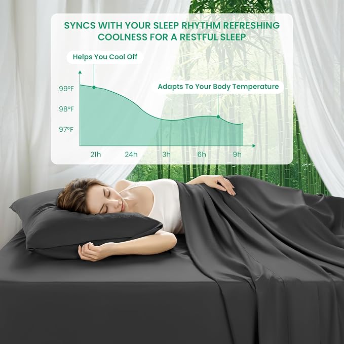 SONORO KATE 100% Viscose Derived from Bamboo_Sheets King Size,4PC | Cooling Bed Sheets for Hot Sleepers,Soft Breathable & Silky,16" Deep Pocket,Luxury Hotel Bedding,Black