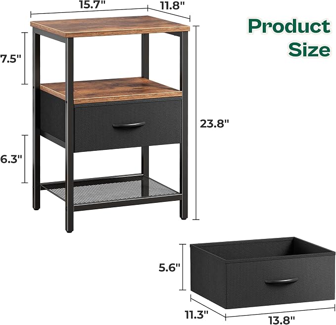 Huuger Night Stand with 2 Drawers, Bed Side Table with Open Shelf | Bedroom Nightstand, Fabric Drawer Dresser, Metal Frame, Couch Side, Living Room, Rustic Brown & Black