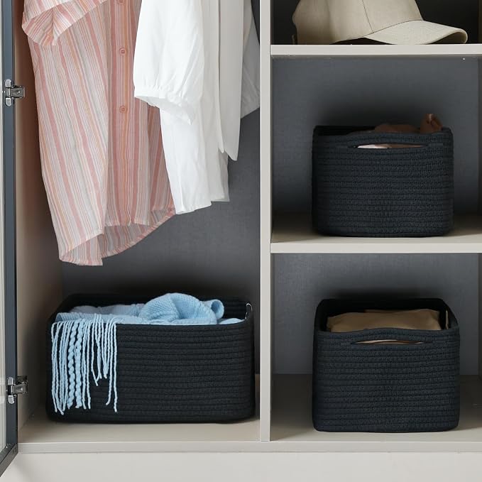 3 Pack Storage Baskets for Organizing, 13.7×9.5×6.3", Black | Woven Baskets for Shelves, Cotton Rope Basket for Gifts Empty, Closet Organizer Bins with Handles, Cube Decorative Box