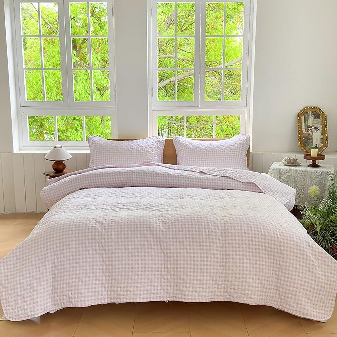 NSNLGSGC Pink Gingham Twin Summer Bedspread Quilt Set | Pre-washed Microfiber,Lightweight Checked Grid Bedding Coverlets for All Seasons