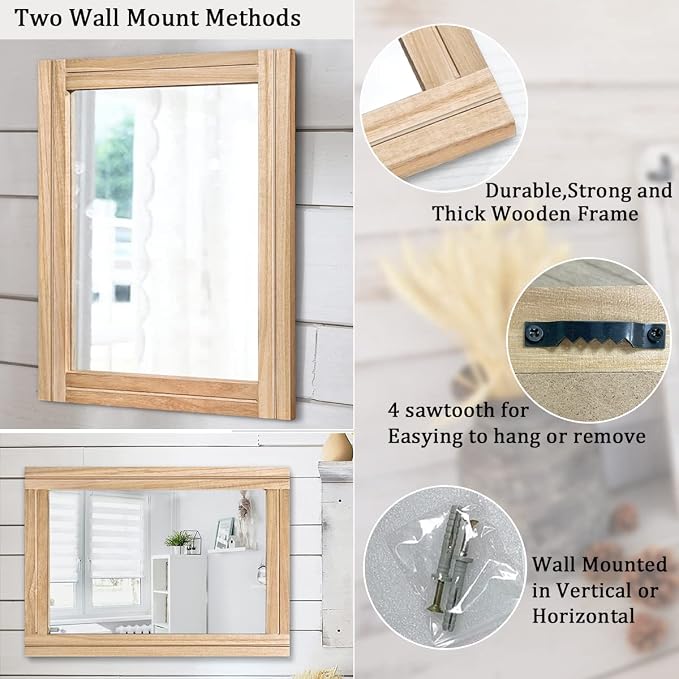 AAZZKANG Rustic Mirrors for Wall with Rectangular Wood Frame Decorative for Farmhouse Bedroom Bathroom Living Room Home Office Large 28"x20"
