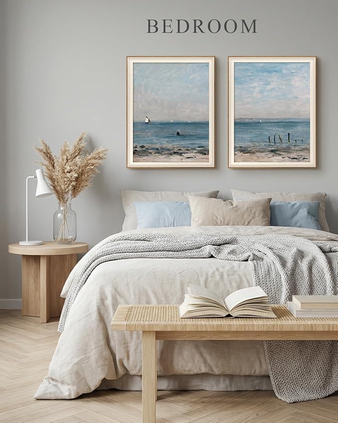 VIYYIEA Framed Coastal Wall Art Set of 2, Impressionist Beach Seascape Canvas Prints, Nautical Ocean Theme Home Decor, Elegant Wall Decor for Living Room Bedroom Office Bathroom, 16x20 Inch
