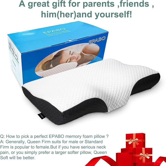 EPABO Contour Memory Foam Pillow Orthopedic Sleeping Pillows, Ergonomic Cervical Pillow for Neck Pain - for Side Sleepers, Back and Stomach Sleepers, Free Pillowcase Included (Firm & Queen)