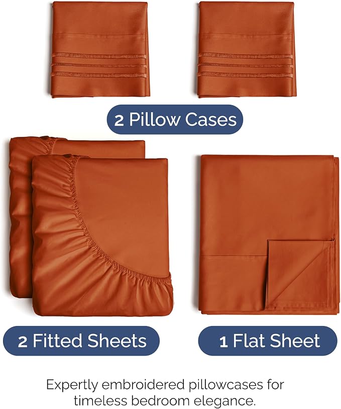 Split King Size 5 Piece Sheet Set - Comfy Breathable & Cooling - Terracotta | Hotel Luxury Bed Sheets for Women & Men, Deep Pockets, Easy-Fit, Comfy, Soft and Wrinkle Free Sheets, Oeko-Tex Bed Sheet Set