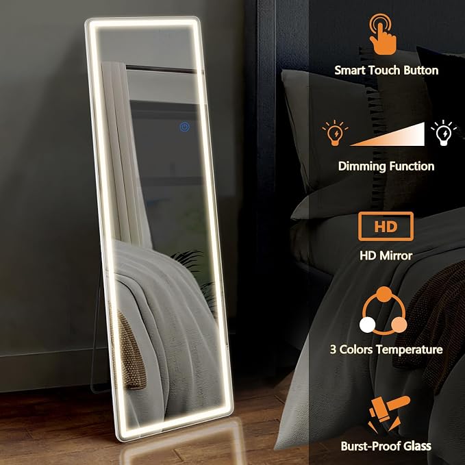 Sweetcrispy LED Full Length Floor Mirror, 60"x16" Lighted Full Body Mirror | Standing Mirror with Dimming & 3 Color Lighting, Shatterproof Tempered Glass, Wall Hanging or Leaning for Home Decor, White