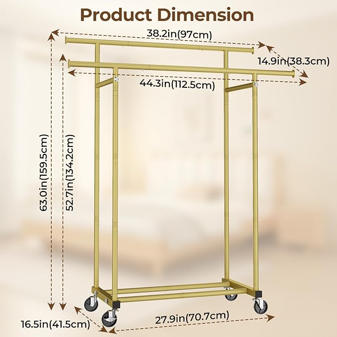 HYSEYY Double Rods Clothes Rack, Sturdy Rolling Clothing Rack, Portable Clothing Racks for Hanging Clothes - Metal Garment Rack Wardrobe Coat Rack for Bedroom Laundry Living Room, Gold