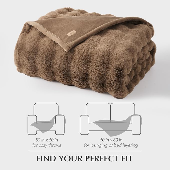 EverGrace Faux Rabbit Fur Bubble Throw Blanket, 50"x60", Natural Tan | Ultra Soft, Luxury Faux Rabbit Fur Throw, Thick Warm Bubble Blanket, Cozy Fluffy Reversible, for Bed, Couch, Chair, Sofa