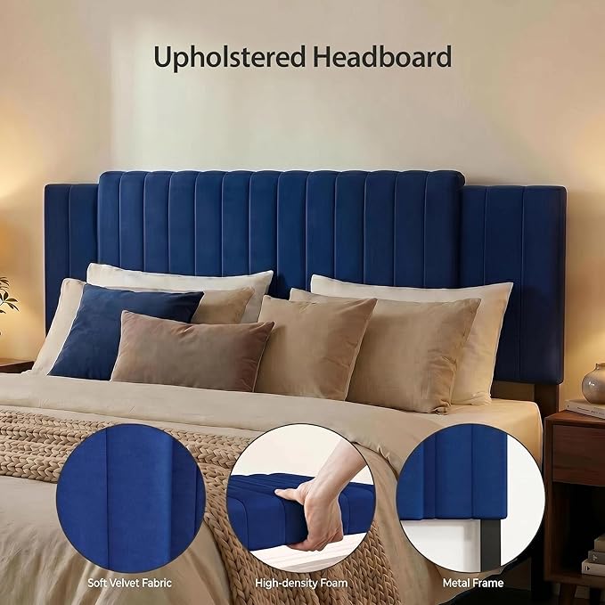 Upholstered Tufted Velvet Headboard, 3 in 1 Headboard for Full/Queen/King Size Bed, Height & Width Adjustable Head Board, Attach Frame, Study & Comfortable, Ideal for Bedroom, Dorm, Guest Room, Blue