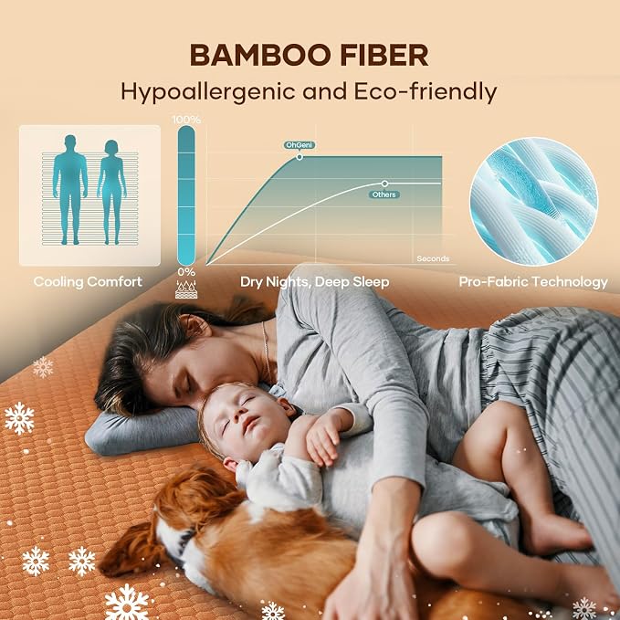 OhGeni 100% Waterproof Mattress Protector,Queen Size Mattress Soft Pad,Pet Hair & Bedwetting Resistant,Cooling Breathable Fitted Sheets,Washable Bed Cover Over 99 pcs Hex Filled Bumps,Orange