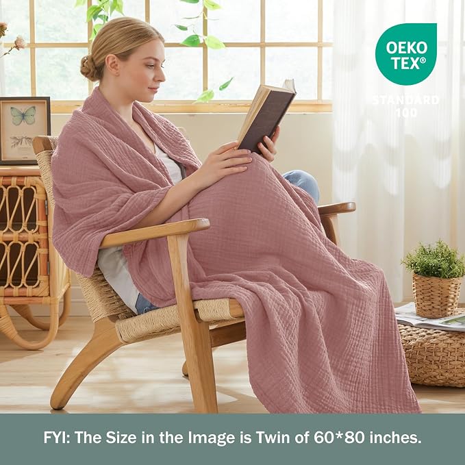 EMME Muslin Blankets for Adults Throw Blanket for Couch Breathable Gauze Soft Lightweight Airy Dusty Pink Super King 120" x 94"