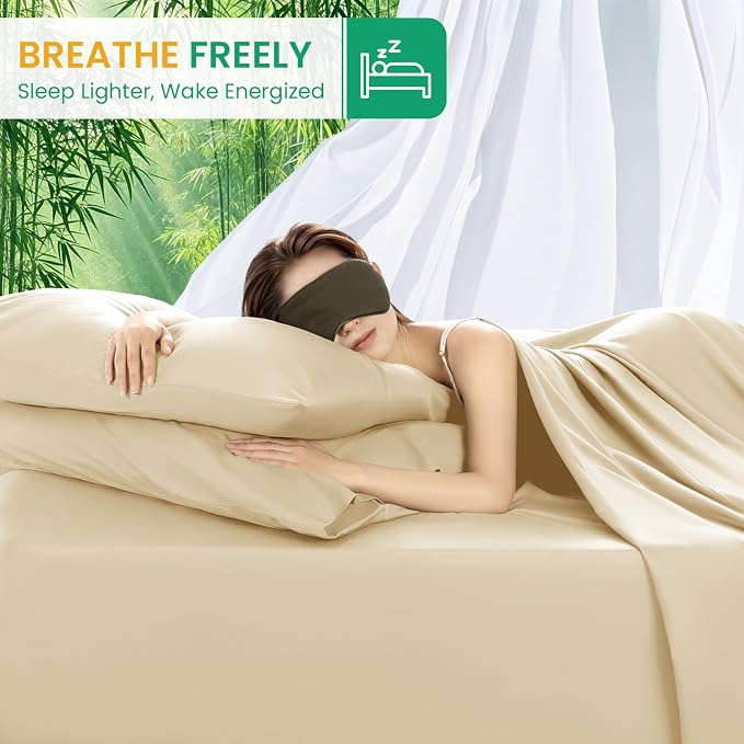 SONORO KATE 100% Viscose Derived from Bamboo_Sheets King Size,4PC | Cooling Bed Sheets for Hot Sleepers,Soft Breathable & Silky,16" Deep Pocket,Luxury Hotel Bedding,Beige