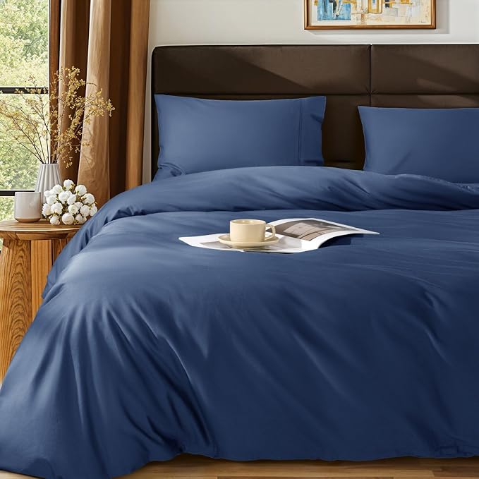 SONORO KATE 1000 Series 100% Egyptian Cotton Queen Duvet Cover Set,3PC | Long Staple Cotton,Sateen Weave,Soft,Breathable,Luxury Hotel Bedding,All-Season,Hidden Zipper Closure,Navy Blue