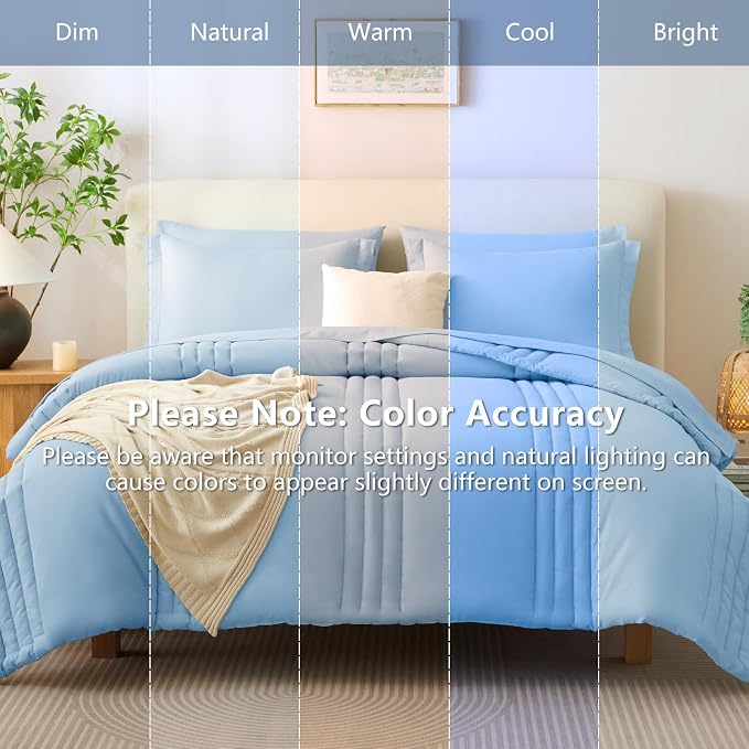 Queen Comforter Set Baby Blue - 7 Pieces Bed in a Bag | OEKO-TEX Certified, 240GSM Down-Alternative Comforter, 14" Deep-Pocket Sheets, Shams & Pillowcases, Lightweight