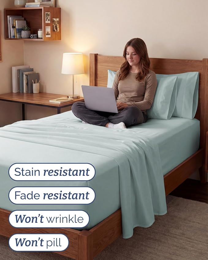 Extra Deep Twin XL Sheet Set - 4 Piece College Dorm Room - Ice Blue | College Dorm Room Essentials, Easy & Secure Fit, Ultra-Soft, Wrinkle & Fade Free, Comfy Sheets Set with Extra Deep Pockets