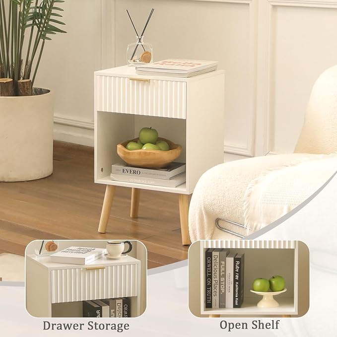 Fultyle White Nightstand, Modern Bedside Table with Drawer and Open Storage, Fluted End Side Table Living Room with Solid Wood Legs for Bedroom (White)