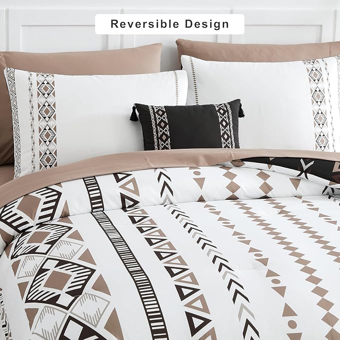 Super King Plus Comforter Set - 7 Pieces Boho Bed in a Bag Western Bedding | Reversible Bedding, All Season Aztec Bed Set with Comforter, Sheets, Pillowcases & Shams, Brown