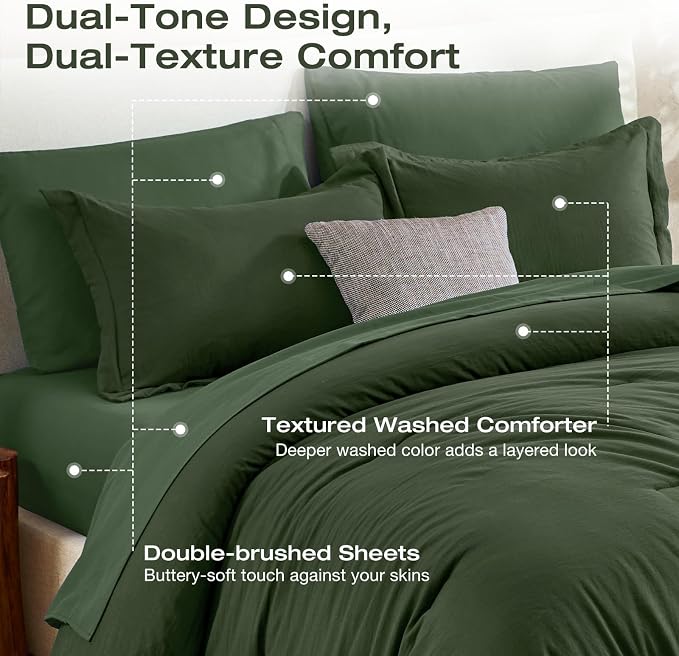 Sasttie Queen Comforter Set 7-Piece Dark Green, Pre-Washed Bed in a Bag | Soft & Breathable, All-Season Bedding Set with Comforter, Sheets, Pillowcases & Pillow Shams, OEKO-TEX, Down Alternative