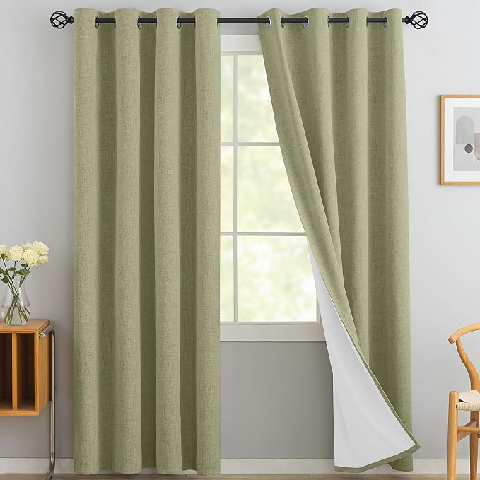 Yakamok Sage Linen Textured Curtains 90 Inches Long for Living Room | 100% Blackout Curtains,Room Darkening Curtains,Thermal Grommet Bedroom Curtain 2 Panels with Greyish White Liner,52W x 90L