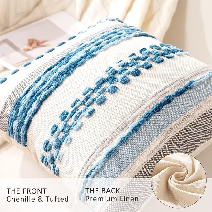 Boho Throw Pillow Covers Decorative Neutral Farmhouse Pillow case | 18x18 Set of 2 Cushion Case Striped Square Pillows Cover Couch Pillow Cases Accent Pillowcase for Sofa Bed,Sky Blue