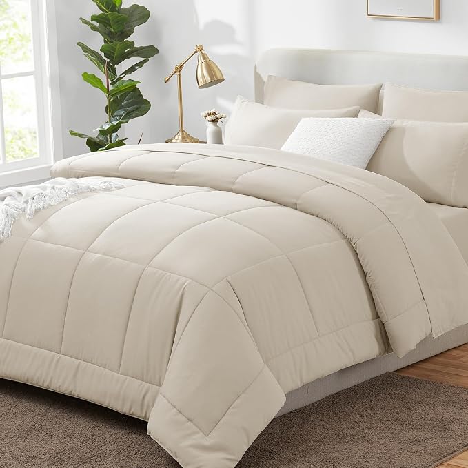 Oversized Queen Comforter Set Beige - 7 Pieces Bed in a Bag | OEKO-TEX Certified, All-Season, Bedroom, Guest Room, Down-Alternative Comforter + Flat & Fitted Sheets + 4 Pillowcases