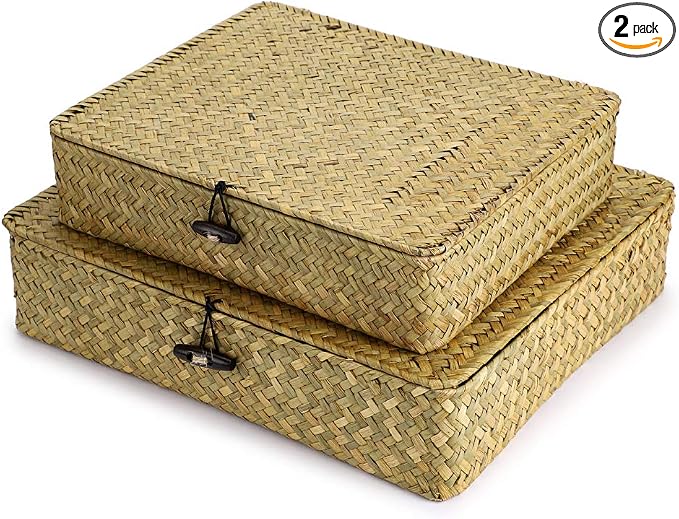 Hipiwe 2 Packs Flat Wicker Basket Box with Lid Woven Seagrass Storage Bins | Handwoven Basket Boxes for Shelf Organizing, Home Decorative Bins Box for Home Decor, Natural Color