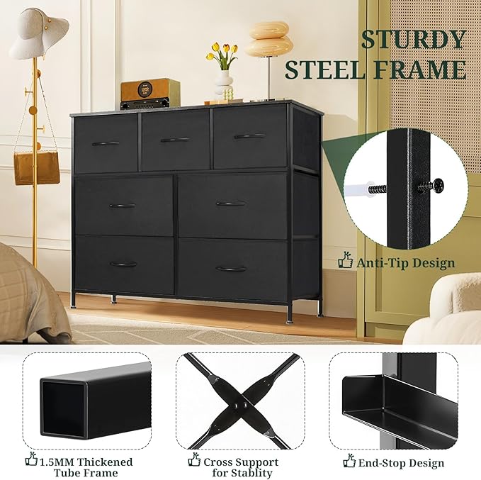 7-Drawer Dresser for Bedroom, Anti-Tip Wide Storage Organizer Fabric | Chest of Drawers TV Stand for 45" TV with Wooden Top and Metal Frame for Closet, Living Room, Hallway, Entryway, Black