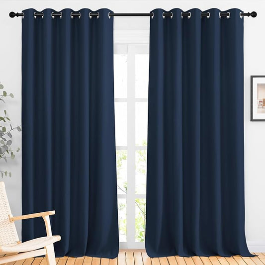 NICETOWN Navy Blackout Curtains for Living Room 66" w x 92" L 2 Panels | 3 Pass Microfiber Noise Reducing Thermal Insulated Solid Ring Top Window Drapes for Bedroom Kitchen, Light Blocking Decor