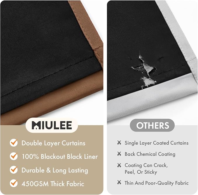 MIULEE Mocha Brown 100% Blackout Curtains for Bedroom 90 Inch Long | 2 Thick Layers Thermal Insulated Window Curtains with Black Liner, Noise Reducing Grommet, Drapes for Living Room, 2 Panels