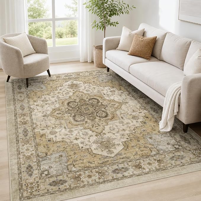 AMADA HOMEFURNISHING 8x10 Area Rug for Living Room, Vintage Washable Area Rug Low-Pile & Non-Slip Carpet for Bedroom Dining Room Nursery Home Office, Beige/Cream