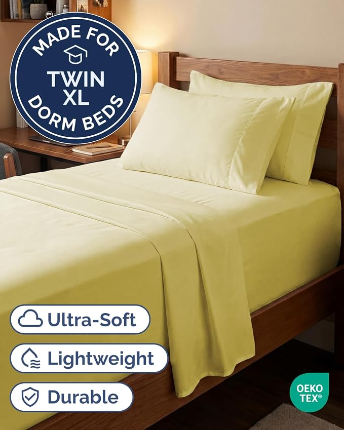 Extra Deep Twin XL Sheet Set - 4 Piece College Dorm Room - Yellow | College Dorm Room Essentials, Easy & Secure Fit, Ultra-Soft, Wrinkle & Fade Free, Comfy Sheets Set with Extra Deep Pockets
