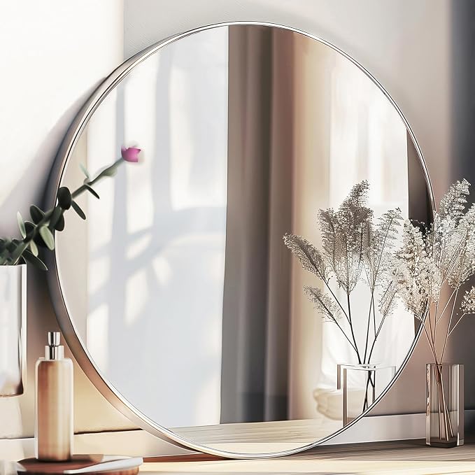 Large Round Mirror,30 inch Circle Mirror,Brushed Silver Metal Frame | High Definition Mirror, Rust-resistant, Easy Installation, Circular Mirrors for Living room Cloakroom, Hallway, Bathroom