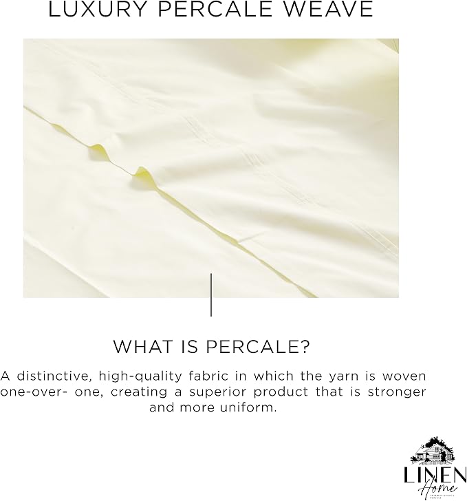 Linen Home 100% Cotton Percale Sheets Queen Size, Cream, Deep Pocket, 6 Pieces Set- 1 Flat, 1 Fitted and 4 Pillowcases, Crisp Cool and Long Staple Strong Bed Linen