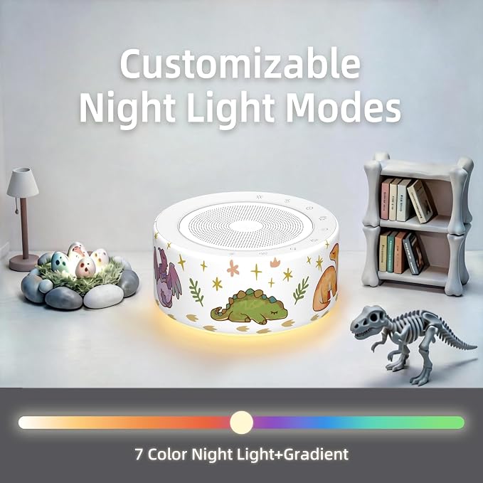 Kipcush White Noise Machine for Baby & Adults, 30 Soothing Sounds, Soft Non-Glare Nursery Lamp, 8 Color Night Lights, Memory Function (New Orange/Dinosaur, Standard)