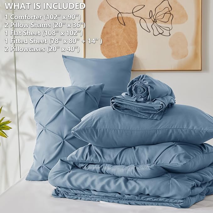 HIMEET King Size Comforter Set Grayish Blue - 7 Pieces Pintuck Bed in a Bag | OEKO-TEX Certified, 240GSM Down Alternative Comforter, 14" Deep Pocket Fitted Sheet + Flat Sheet + 2 Pillowcases + 2 Shams